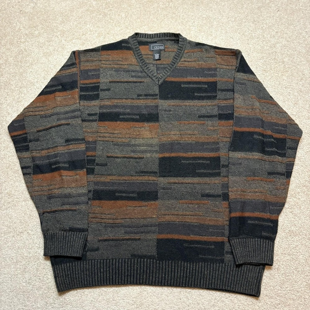Vtg Cezani Sweater Mens Large Earth Tone Wool Blend V Neck Geometric Striped 90s